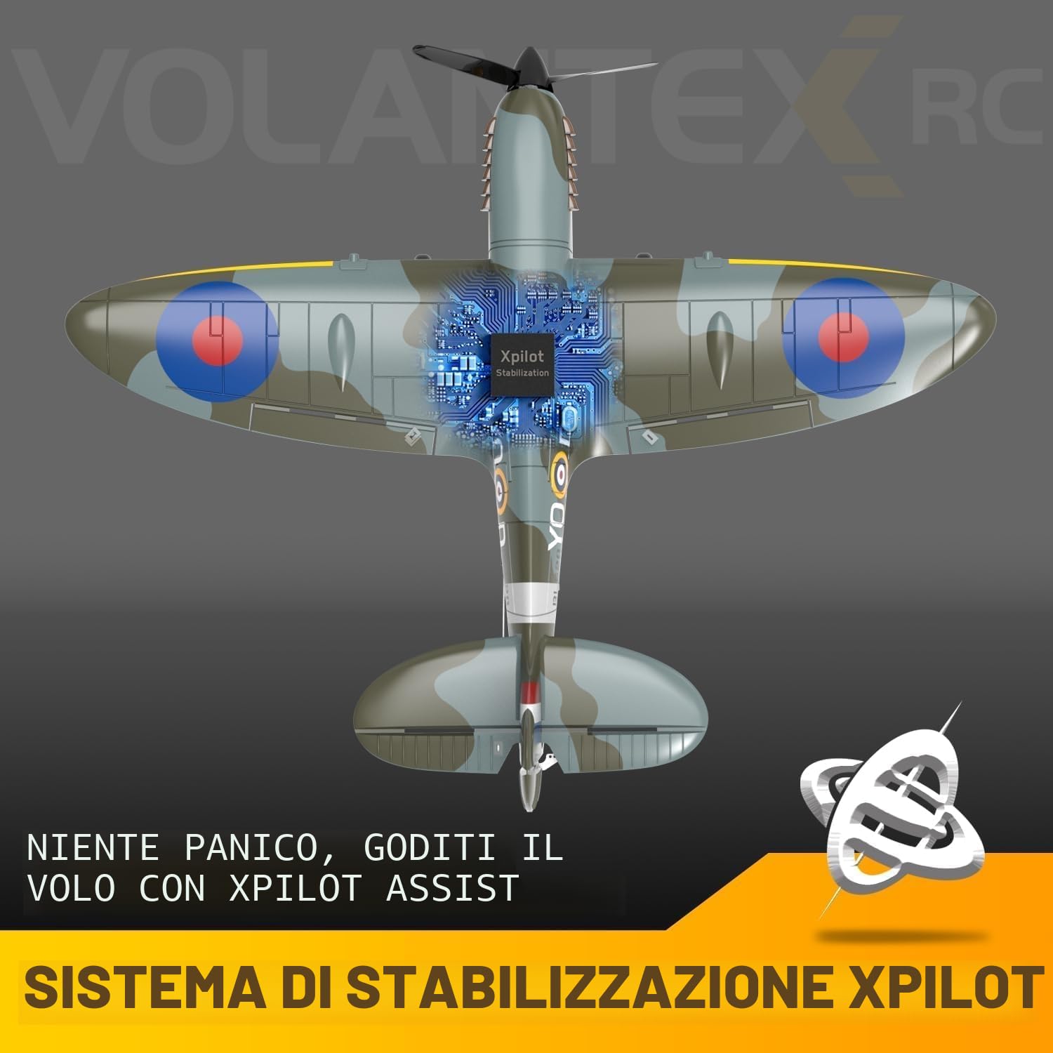 volantexrc Aereo RC, Caccia Spitfire V2 Telecomandato 4 Canali RTF con Alettoni, Gyro, Funzioni Acrobatiche e 3 Modalità, Facile da Pilotare, Aeromobile Radiocomandato