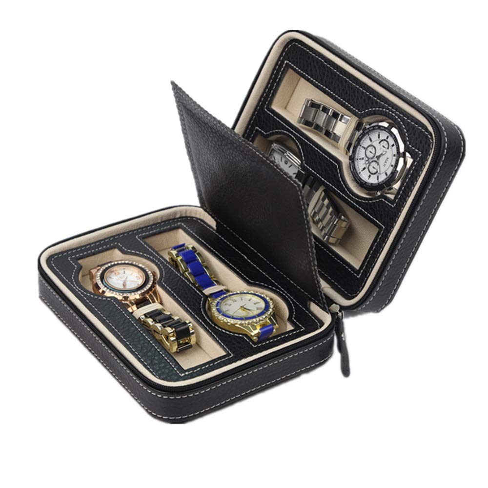DUMRALBQE Watch Boxes Faux Leather Men's Zipper Watch Box Storage Display 4 Slots for Storage and Display(Noir)