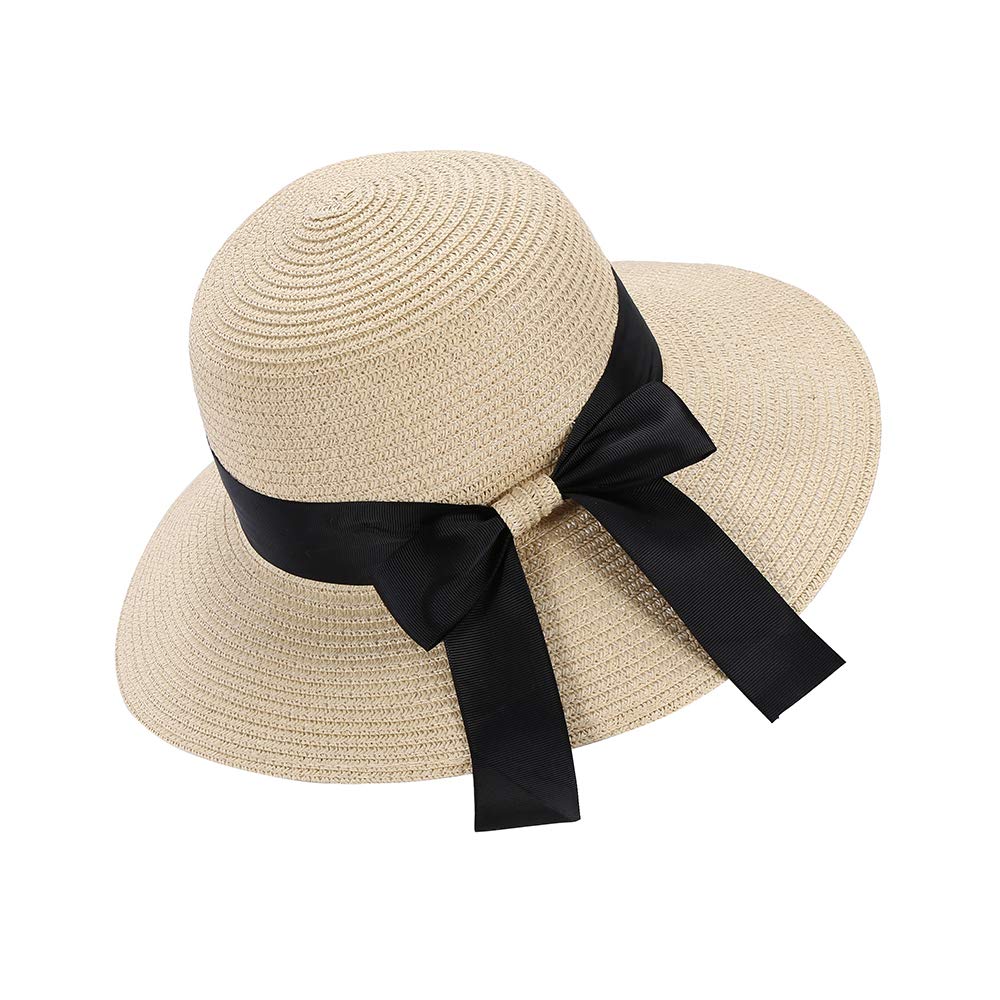 Chapter Seven Unisex Beige Women's Sun Hat Floppy Foldable Bowknot Straw Hat Summer Beach Cap Uv Protection Upf50 (Beige)
