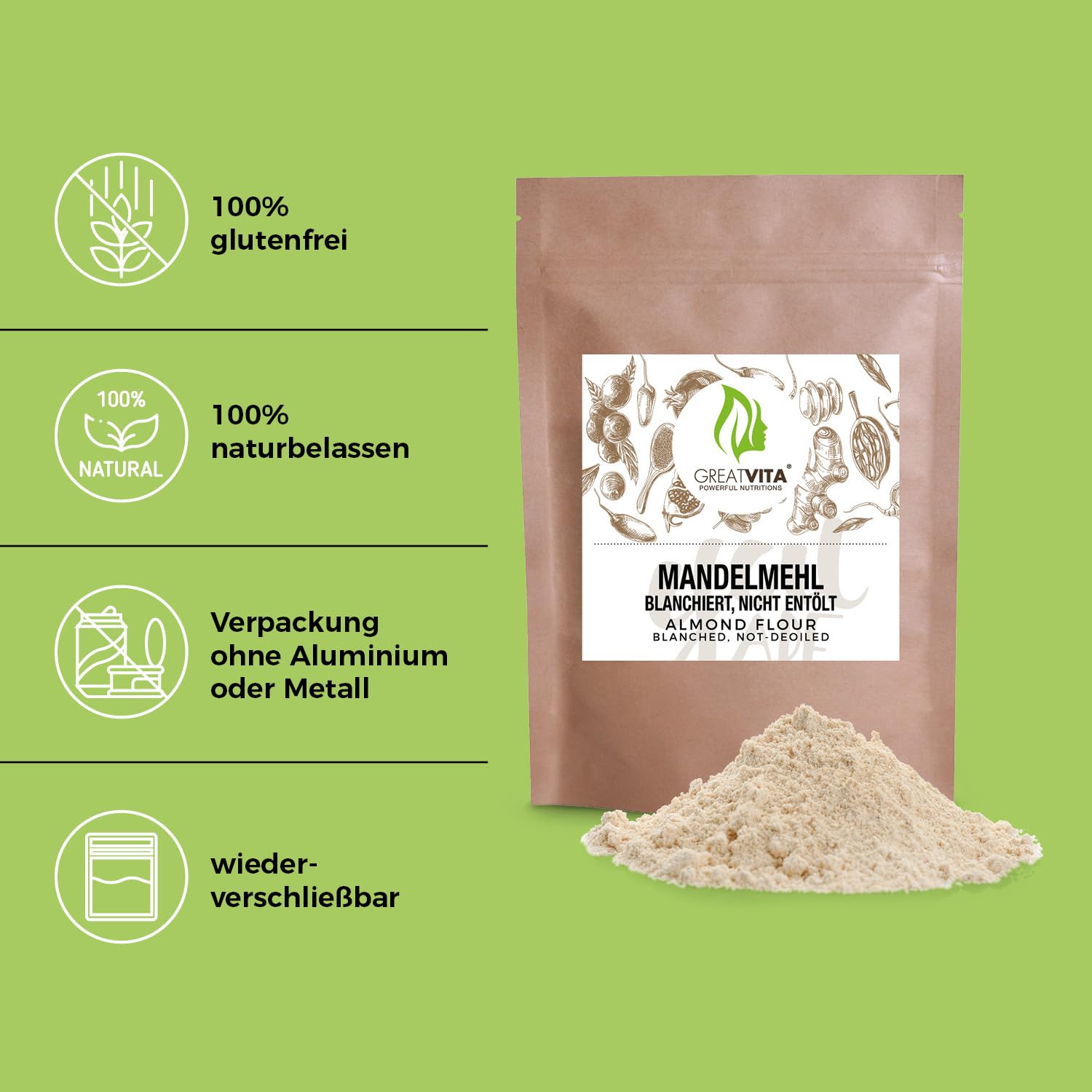 GreatVita mąka migdałowa, 5 x 1000 g, naturalna i blanszowana, drobna mąka ze zmielonych migdałów, idealna do kuchni niskowęglowodanowej, pieczenia i panierowania, bogata w białko i błonnik, wegańska