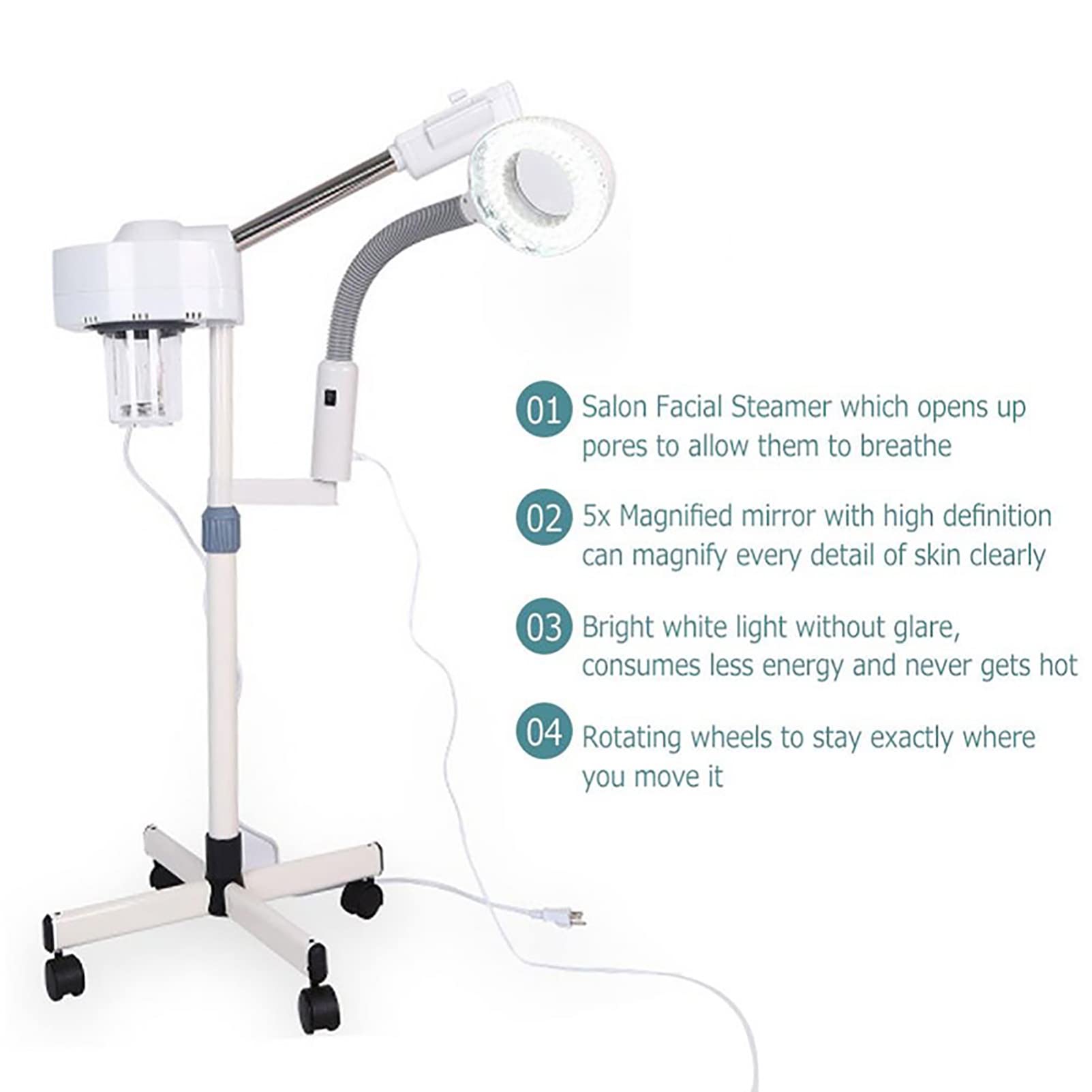 Vaporizzatore Facciale Professionale, Vaporizzatore per Umidificatore a Vapore Facciale 2 in 1 Lampada da Terra con Ingrandimento 5X LED, Attrezzatura per La Cura della Pelle di Bellezza