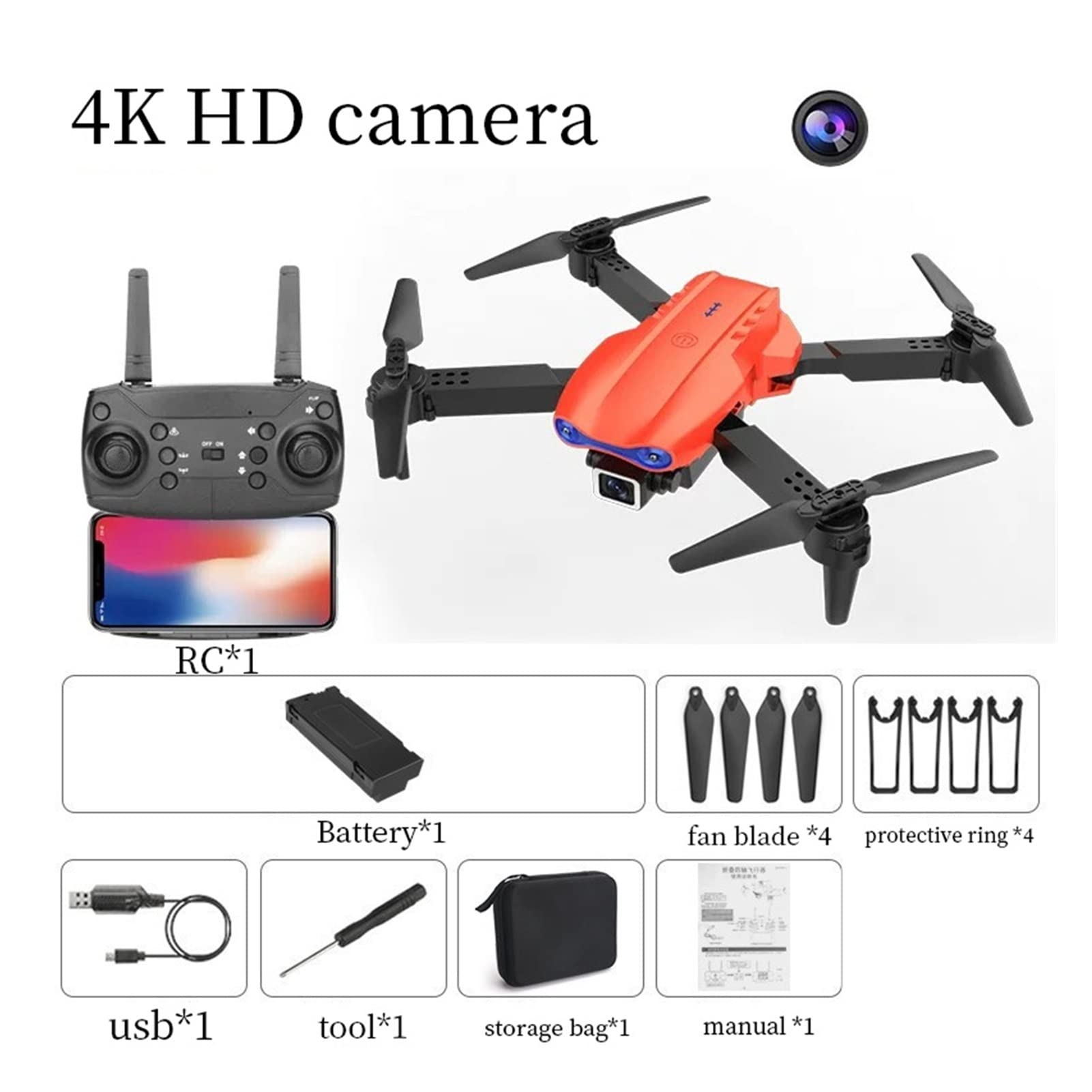 Składany dron Quadcopter RC Mini Drone 4K Podwójna kamera WiFi FPV Fotografia lotnicza Helikopter Składany quadcopter Drone Zabawka (Kolor: Kamera 4K Pomarańczowy Rozmiar: 1) (Brak kamery