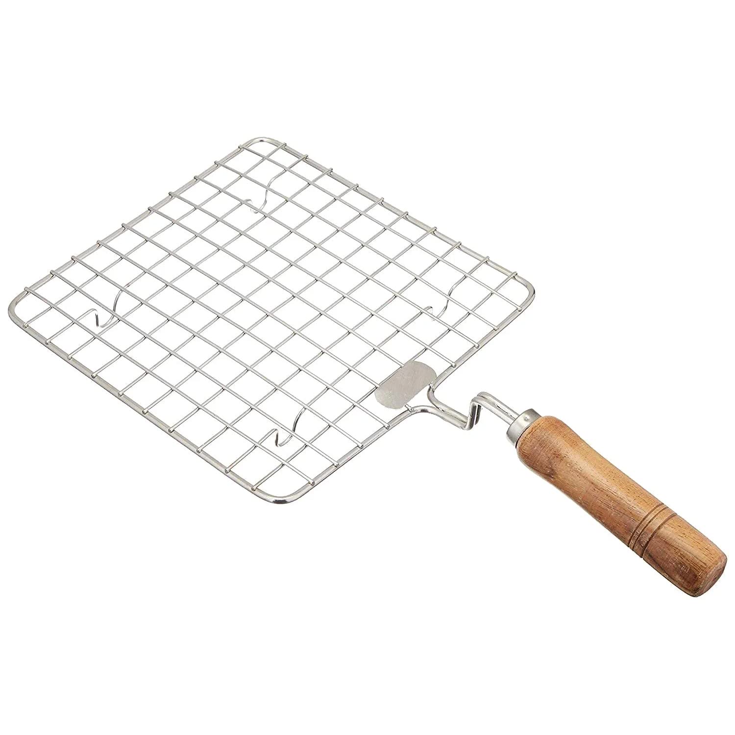 TruVeli Stainless Steel Roaster Tandoor Paneer Roti Roaster Net Jali Papad Jali Barbecue Grill with Wooden Handle - Square-image-2