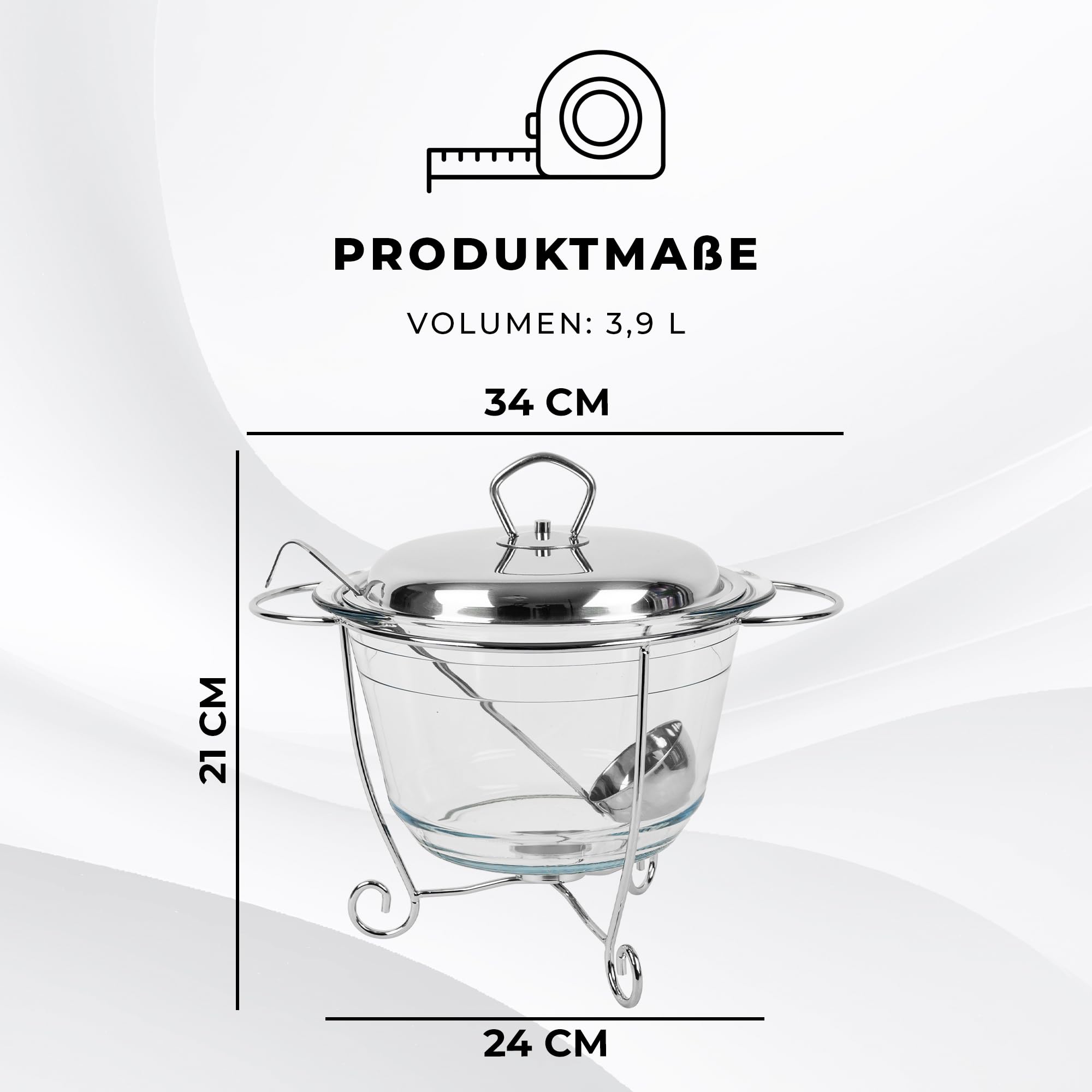 KARL HAUSMANN Wärmebehälter für Speisen mit Glaseinsatz - 3.9L - Teelicht Warmhalteplatte - Edelstahl Gestell und Deckel mit Griff - Speisenwärmer - Warmhaltebehälter Essen - Chafing Dish Behälter