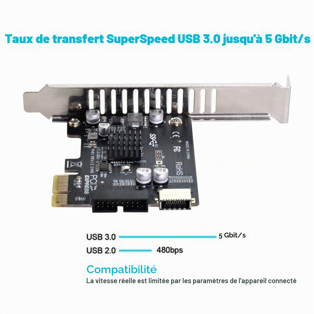 ChenYang Adaptateur de carte d'extension USB 3.0 20 broches et USB 3.1 Gen 1 Type-E vers PCI-E 1X PCI Express