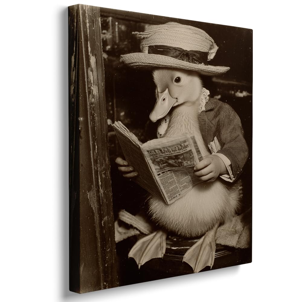Funny Duck Reading Newspaper Bathroom Wall Art Vintage Animal Print Rustic Farmhouse Toilet Decor for Kids and Guest Washroom 30x40cm Wood Framed