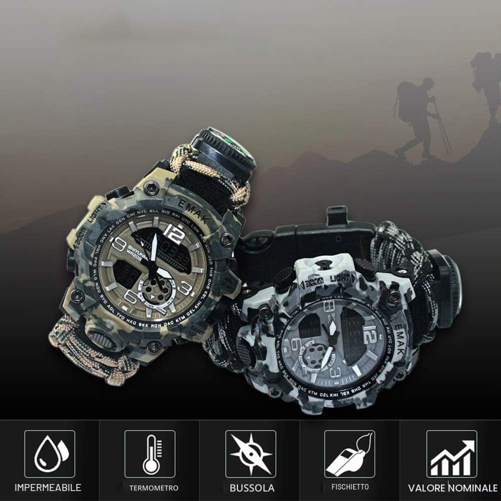 Orologio digitale militare di sopravvivenza, orologio da campeggio all'aperto, cinturino multifunzione, bussola, fischietto, cinturino paracord, attrezzature, set di attrezzi
