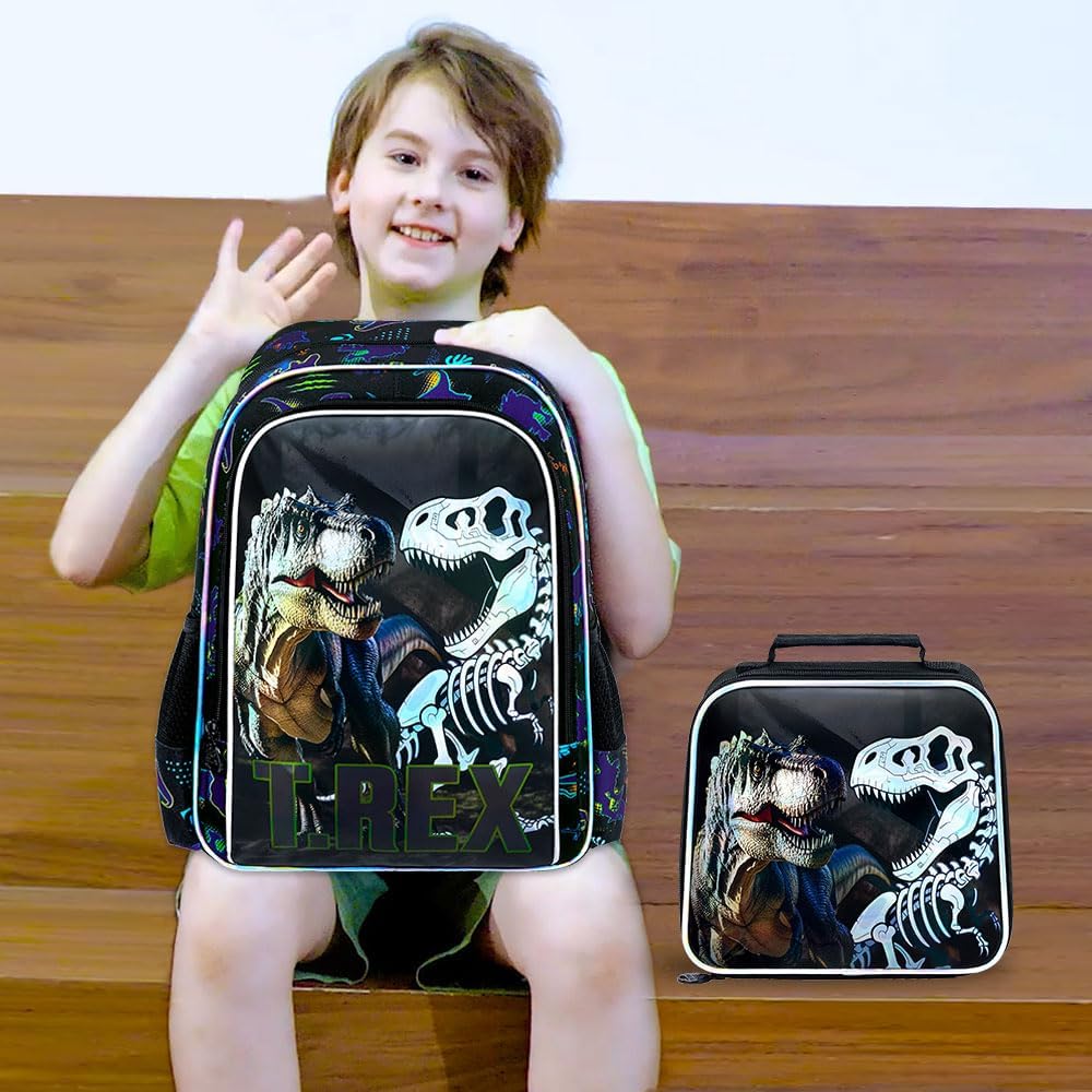 WZLVO 3PCS Dinosaur Backpack for Boys, 16" Cool UV Printing Kids Bookbag/School Bag with Lunch Box & Pencil Bag for Preschool to Elementary - T-Rex Bone