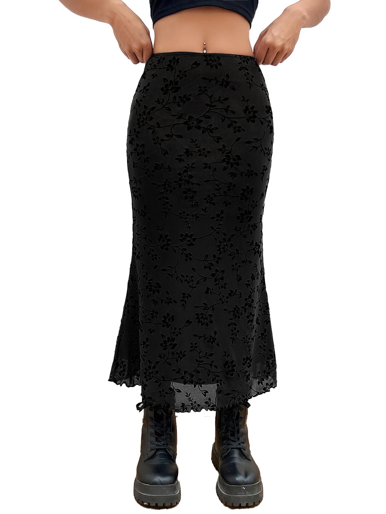 Verdusa Women's High Waisted Mesh Skirt Y2k Outfits Fishtail Bodycon Long Skirts Goth Clothes