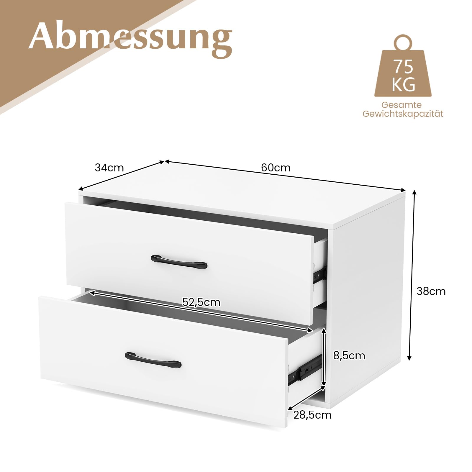 COSTWAY Komoda z 2 szufladami, szafka z szufladami można układać w stos, komoda z drewna, szafka do przechowywania, komoda z szufladami do salonu, biura, sypialni, 60 x 34 x 38 cm (biała)
