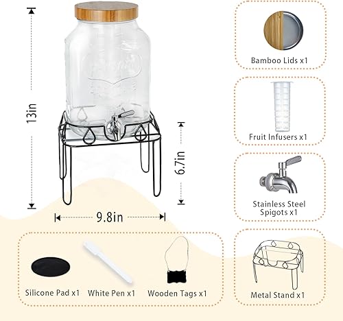 Miniatura 2 de Dispensador de bebidas de vidrio de 2 galones con soporte y tapa de bambú, dispensador de limonada con grifo de acero inoxidable, dispensador de