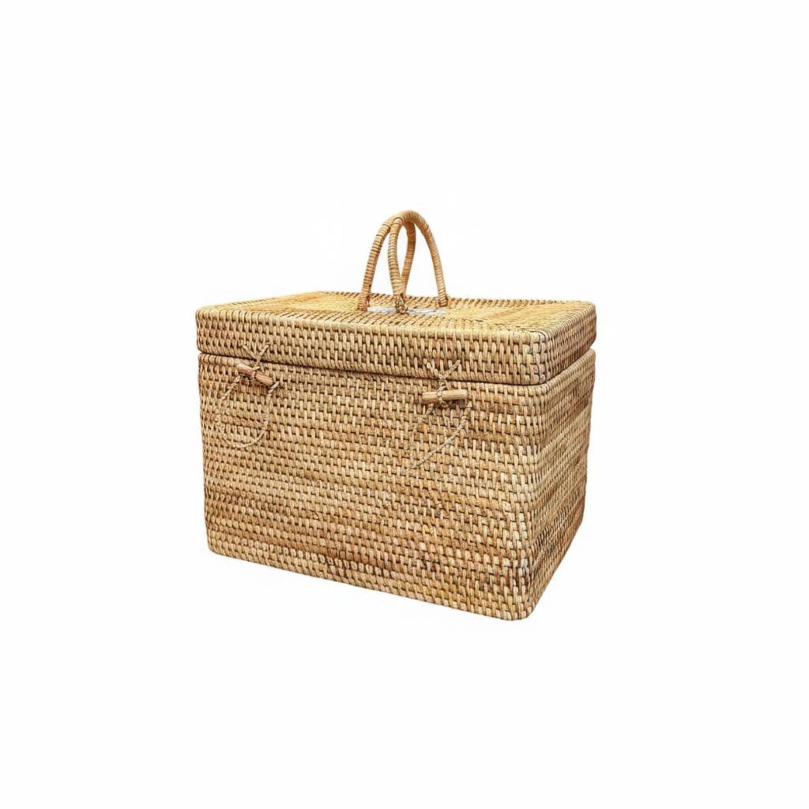 Bnf® Vintage Design Handwoven Storage Chest with Handles Porcelain Tile Accent Woven Rattan Box with Lid for Tea Room, Bedroom, Large Box 35 * 25 * 25-picture-12