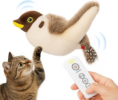 Juguete de pájaro volador para gatos, control remoto, alas aleteadoras y sonido de canto (no volar), juguete de movimiento recargable por USB para