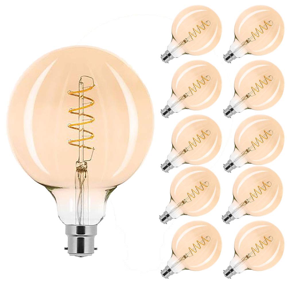 Lot de 10 ampoules LED à filament spiralé - 2,5 W - Or - Extra blanc chaud - 2 000 K (globe G125, B22)