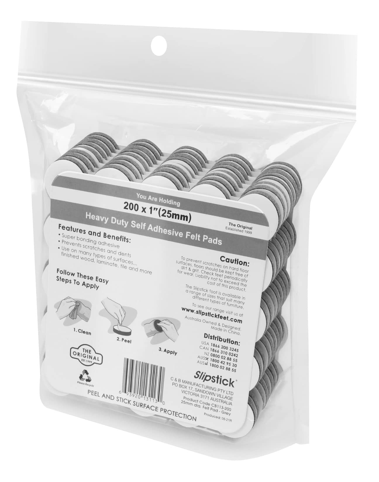 Slipstick Almohadillas de fieltro de lana de alta calidad para muebles protectores de suelo para sillas (1 pulgada redonda) incluye 200 almohadillas de fieltro gris con adhesivo superadherente,