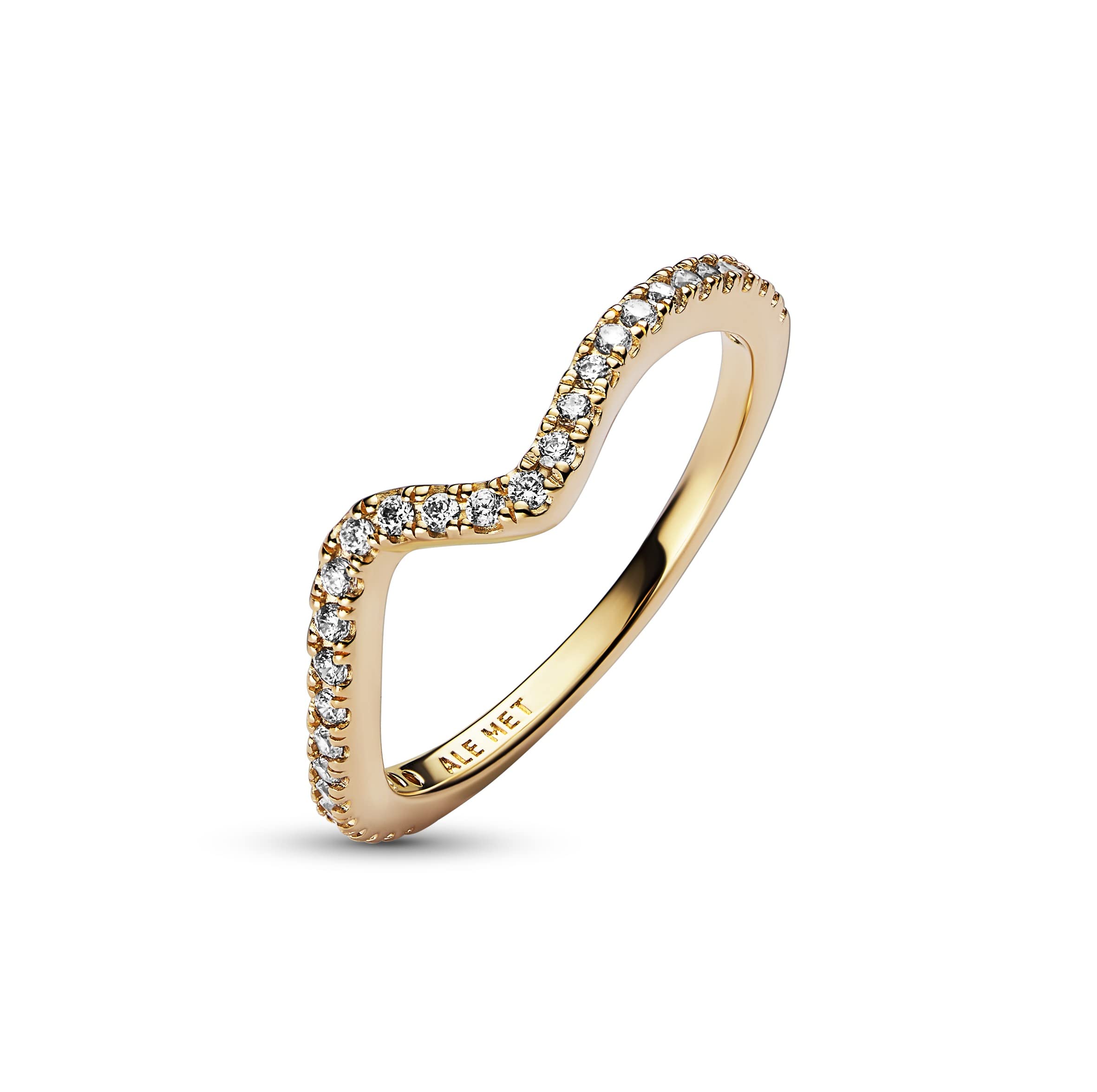 PANDORA Timeless Anillo con diseño de onda chapado en oro de 14 quilates con circonitas cúbicas transparentes