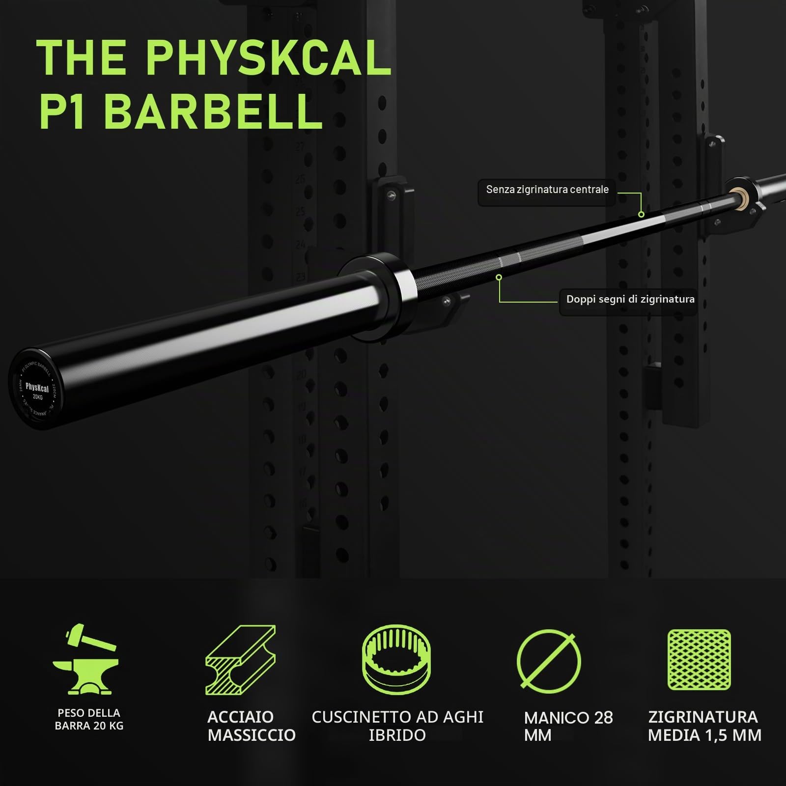 PhysKcal Bilanciere olimpico da 220 cm e 20 kg per dischi da 50 mm, nero | Standard IWF, portata 750 libbre, doppia zigrinatura, bilanciere da uomo per WOD, sollevamento pesi e usi vari
