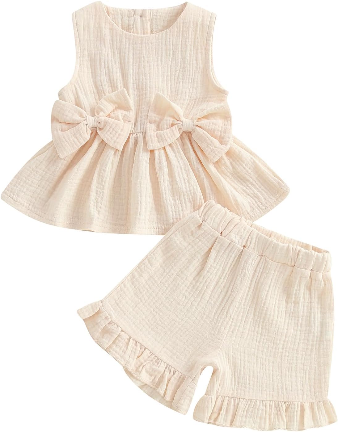 Kupretty Toddler Baby Girl Clothes Summer Linen Outfit Bows Ruffle Vest Shirts + Ruffled Short Set 12 18 24 Month 2T 3T