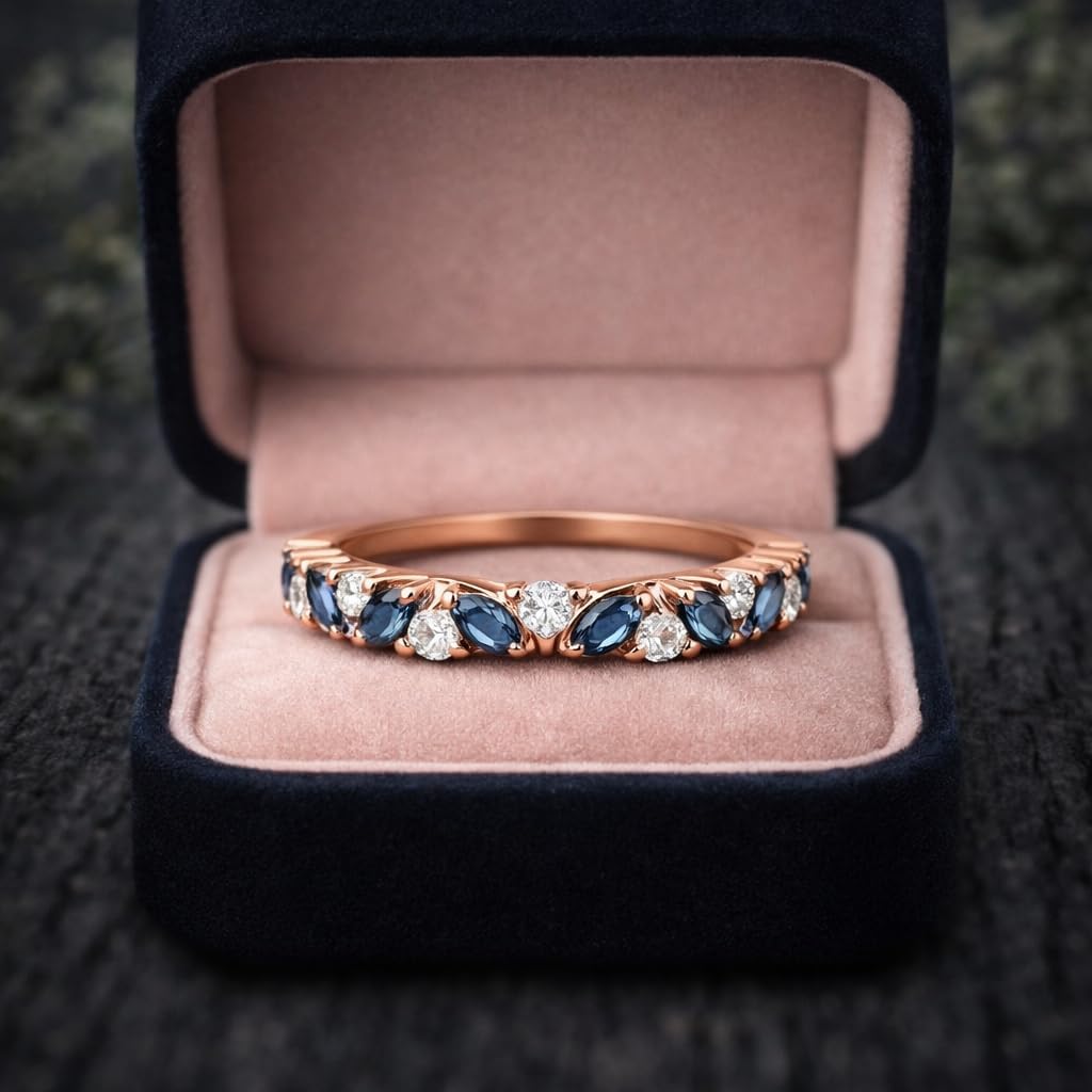 14k Solid Gold Marquise Sapphire Band • Blue Gemstone Half Eternity Ring for Women • Minimalist Wedding Band Wedding Minimalist Bridesmaid jewelry Birthday Gift For Wife