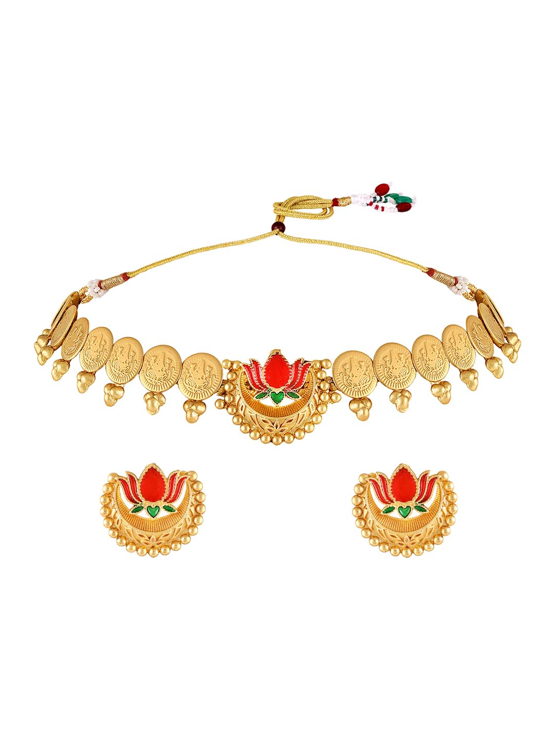 oomph Jewellery Traditional Gold Laxmi Coin Choker Necklace Set with Lotus Design - Kasumalai Style Temple Jewellery - for Women & Girls Stylish Latest - JRSET220_Z-picture-16