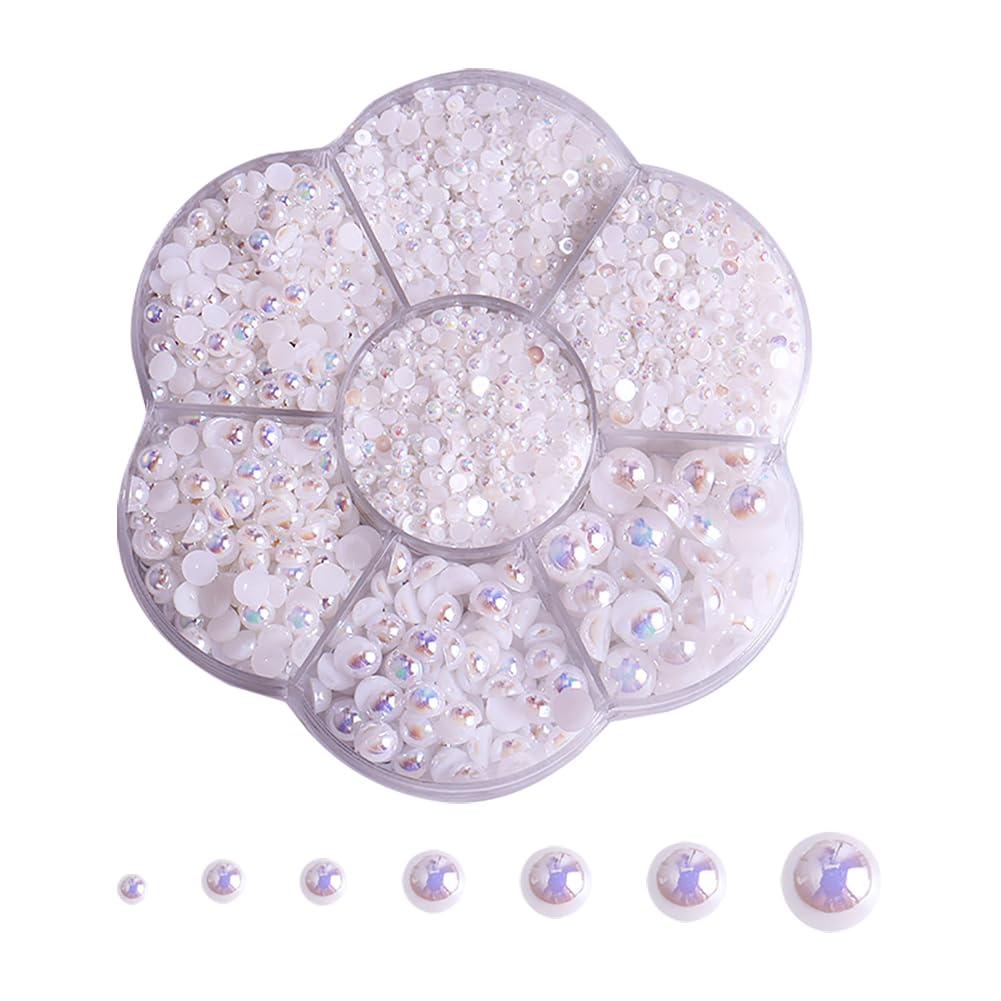 Hugede White 5600 Pcs Small Flatback Imitation Pearls Half Round Pearls Craft Decoration Pearls Mixed Sizes Pearls Plastic Scrapbook Pearls With Clear Box