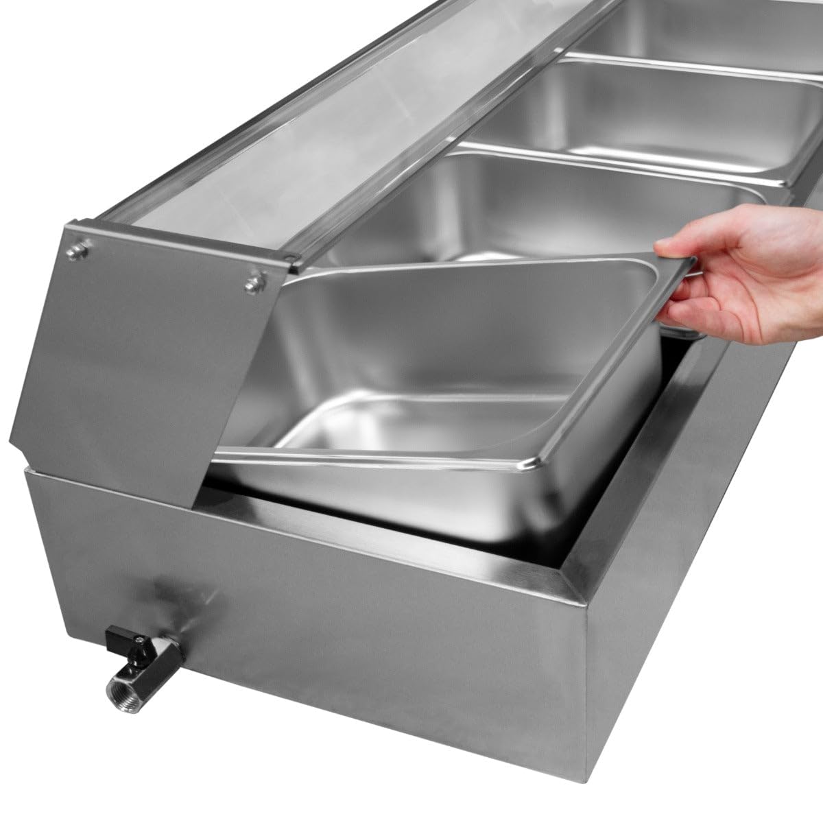 Espositore Bagnomaria in Acciaio Inox con 5 Vaschette da 7L – Ideale per Ristoranti, Takeaway e Catering – Vetrina in Vetro, Termostato 30–110°C, Facile da Pulire con Scarico Laterale