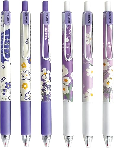 MOZXIRZ 6 bolígrafos de tinta de gel, bolígrafos retráctiles de flores de 0.020 in, bolígrafos de gel de tinta negra para mujeres y niñas, bonitos