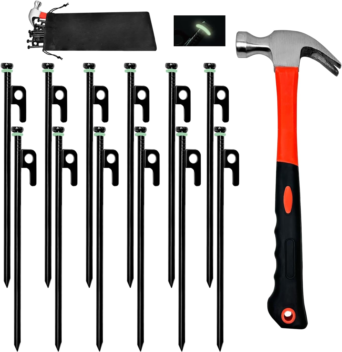 12Pcs Tent Stake with Hammer Set, 8in Tent Stakes Heavy Duty with 10.5in Camping Hammer, Storage Pouch, Forged Steel Tent Stakes for Camping Used on Rocks, Grassland(12Pcs 8in Stakes+Hammer) 12Pcs Tent Stake with Hammer Set, 8in Tent Stakes Heavy Duty with 10.5in Camping Hammer, Storage Pouch, Forged Steel Tent Stakes for Camping Used on Rocks, Grassland(12Pcs 8in Stakes+Hammer)
