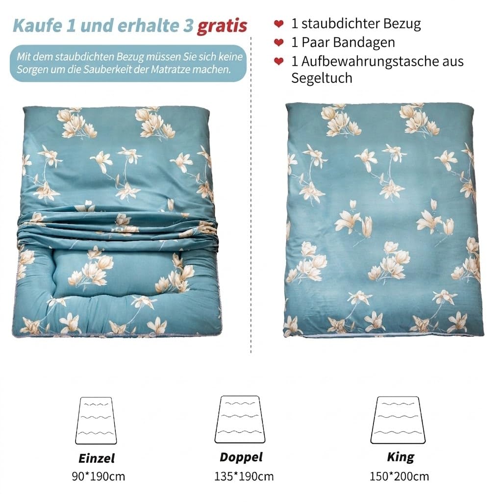MAXYOYO Japanische Bodenmatratze, Futon-Matratze, Dicke Tatami-Matte, Schlafunterlage, Faltbare Roll-Matratze, Schlafsaal, Matratze, Bodenliege, Kissen, Bett (Blaue Blume, 150 x 200 cm)