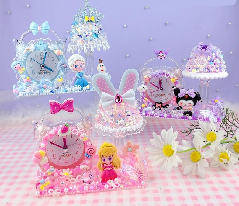 SAMVARDHAN DIY Kawaii Clock Decorating Kit – Cute Resin Craft Set with Alarm Clock, LED Lamp, Glitter Accessories Making Kit & Craft Kit Pack of 1 (Random Character)
