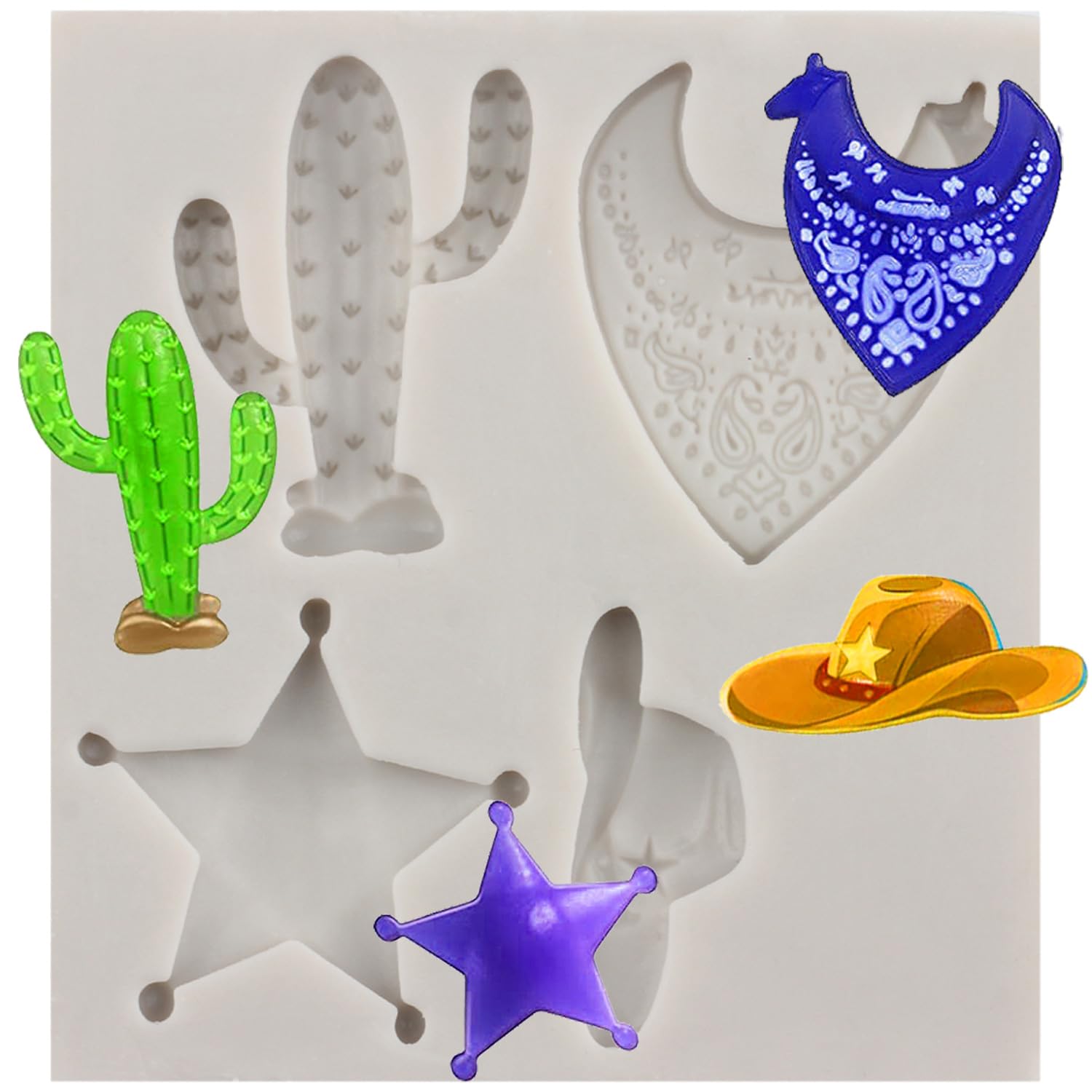 Western Cowboy Theme Silicone Molds Cowboy Hat Fondant Mold Badge Cactus Cacti Candy Mold For Sugar Cake Decorating Cupcake Topper Chocolate Gum Paste Polymer Clay