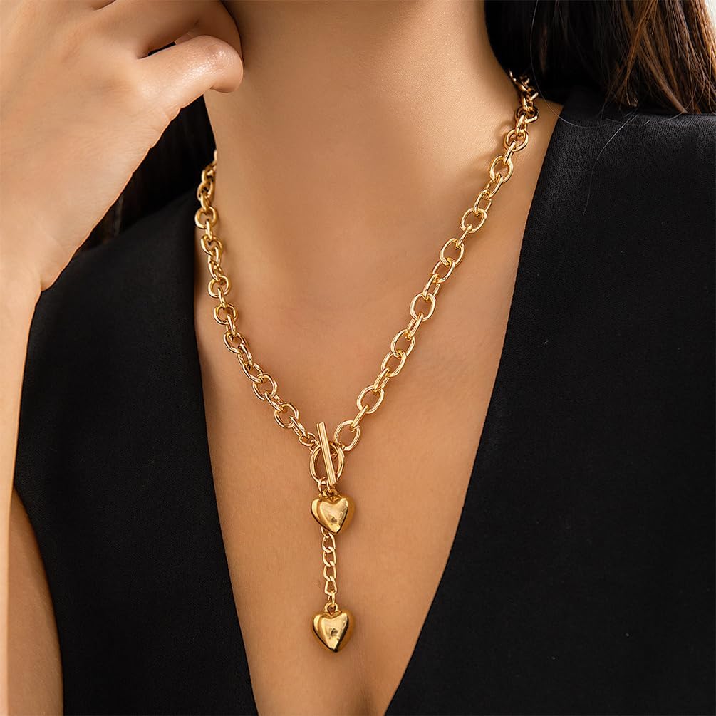 Cute Gold Double Heart Y Necklaces Thick Chain Choker for Women, Charm Silver Love Heart Pendant OT Buckle Necklace Statement Jewelry Gift Accessories - Image 3