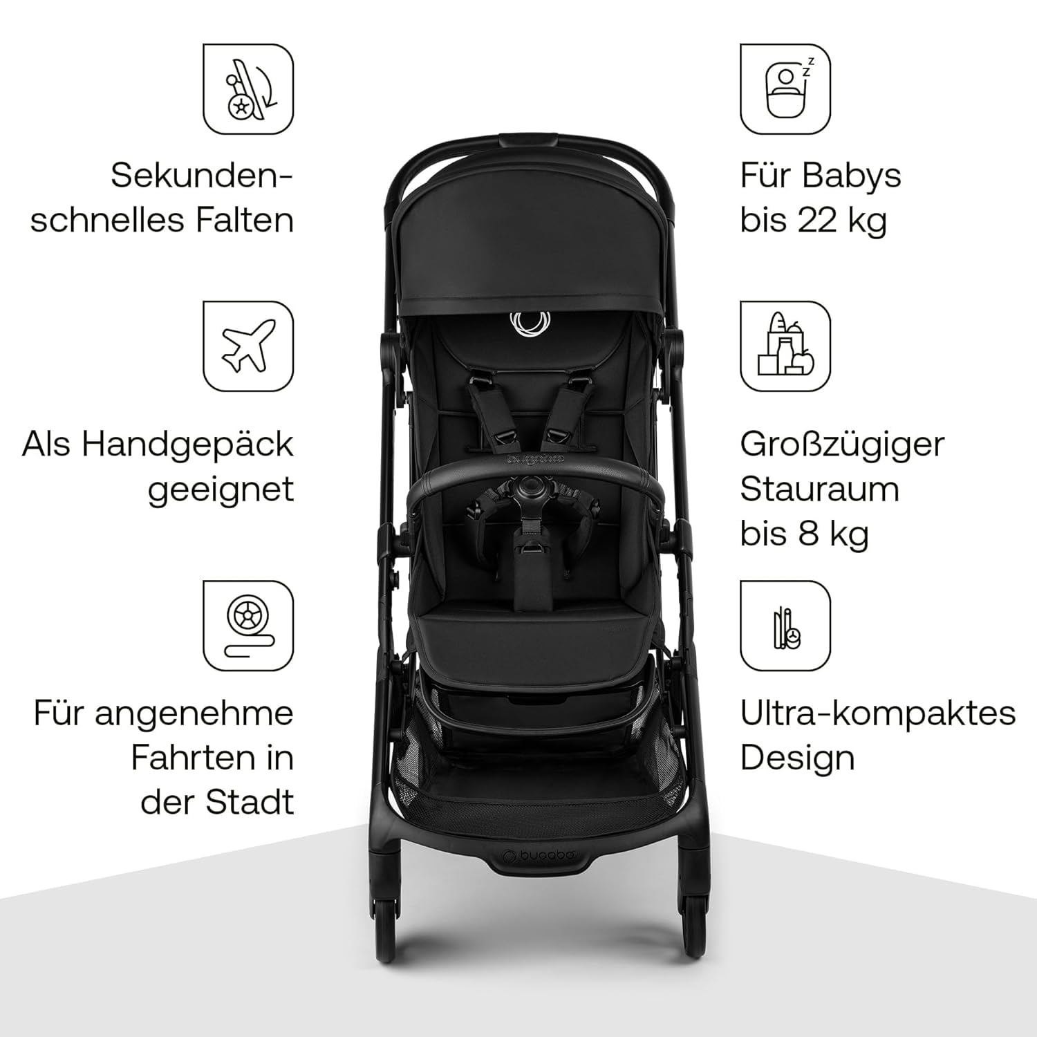Bugaboo Butterfly 2 Reisebuggy Set – leichter, faltbarer Kinderwagen mit Sicherheitsbügel & Regenabdeckung – Handgepäckgröße, mit Liegefunktion – ab 6 Monaten bis 4 Jahre – Heritage Black