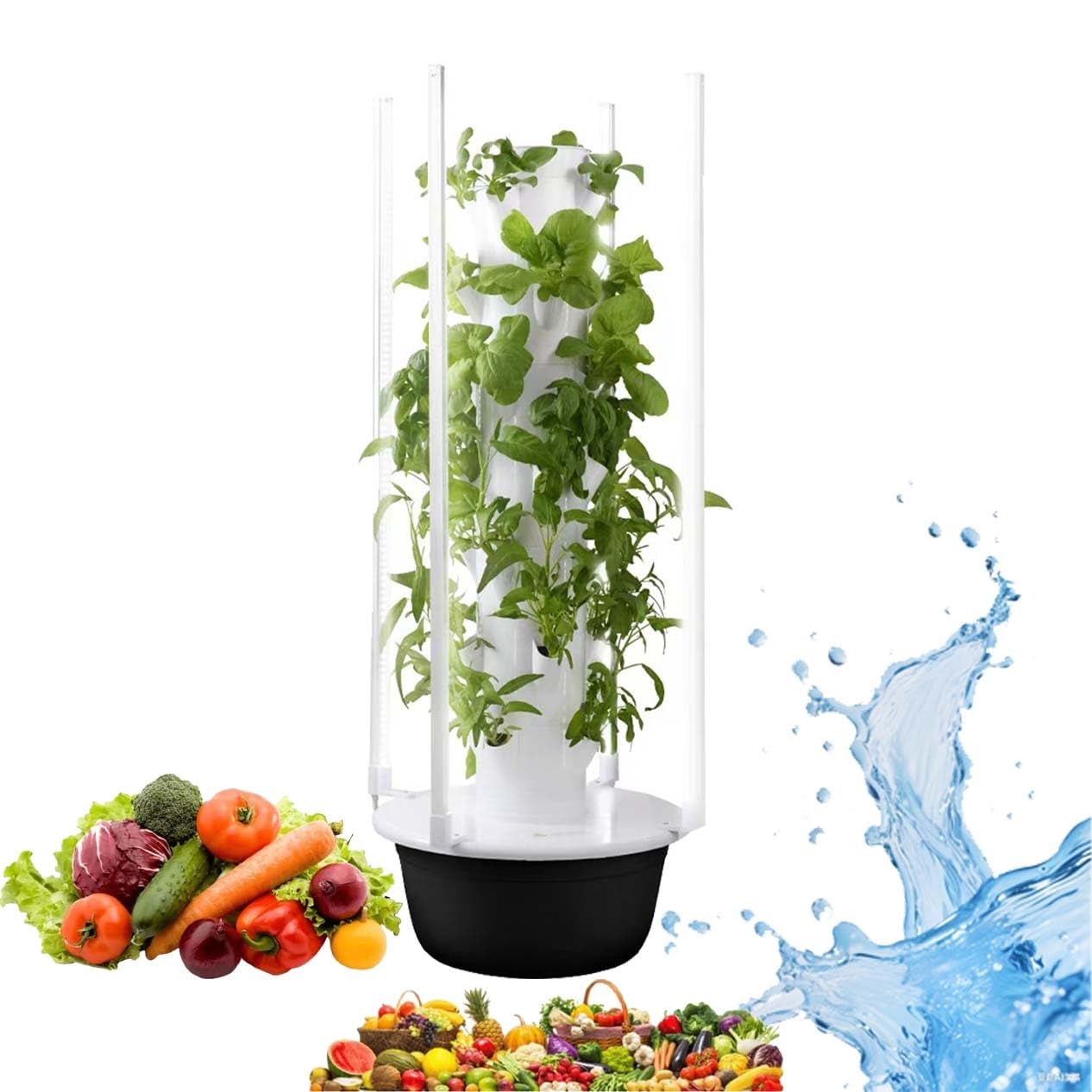Tour hydroponique avec éclairage LED et Pompe Submersible – Potager Vertical pour balcons et Cuisines – 36 emplacements – Matériau ABS Alimentaire – Jardinage Propre(28Holes+LED)