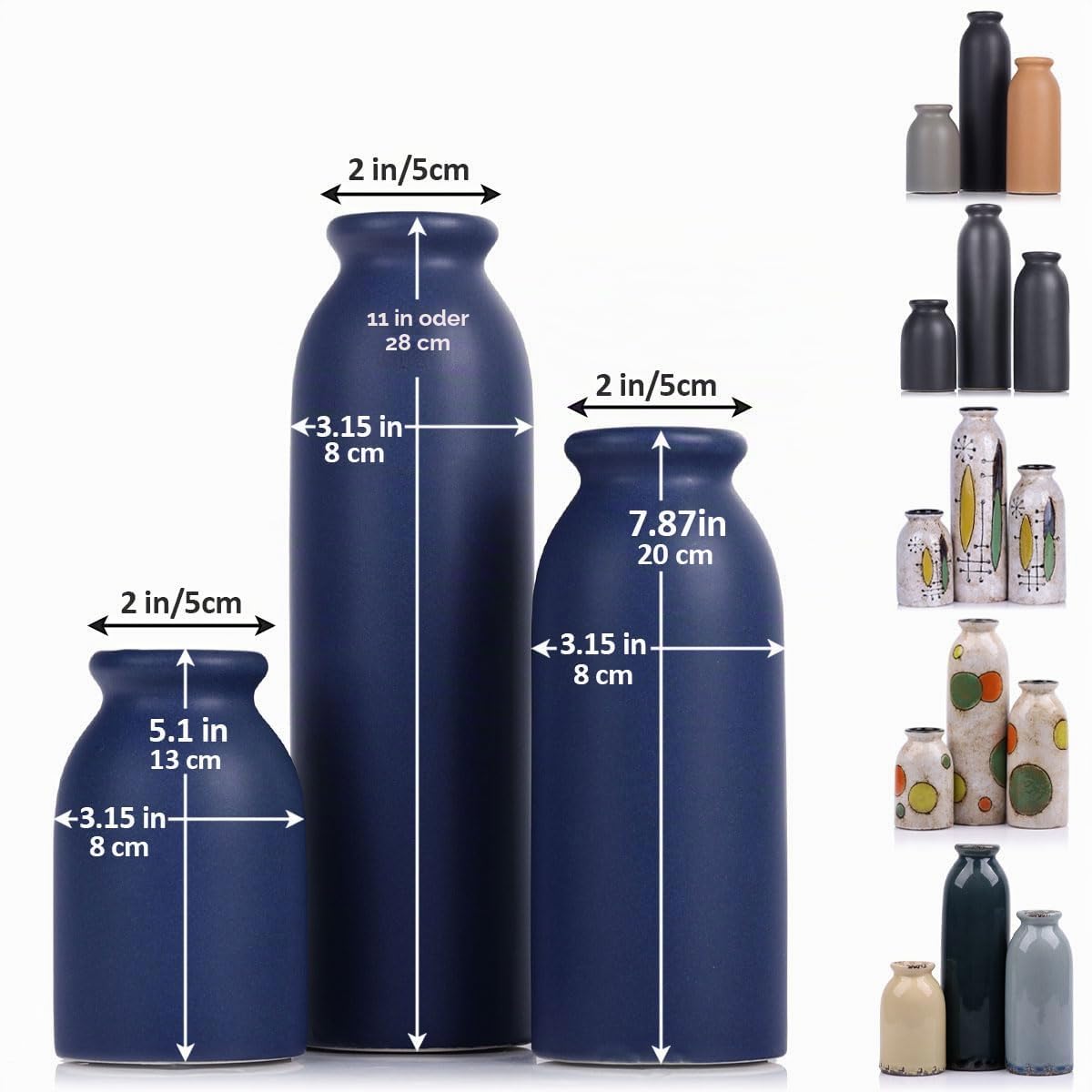 Blaue Keramikvasen, 3er-Set, dekorativ, wasserdicht, marineblau, für Tafelaufsätze, Bauernhaus und Heimdekoration, ideal für Wohnzimmer, Küche, Schlafzimmer, Esstisch und Büro