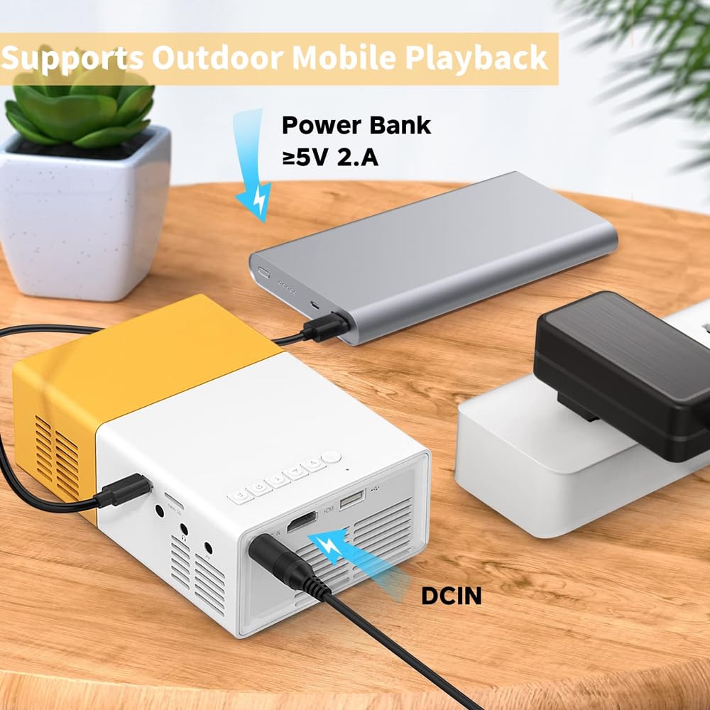 Mini Projecteur Portable 1080P Full HD avec Télécommande HDMI Audio Smartphone Tablette PC TV Stick USB AV Jaune