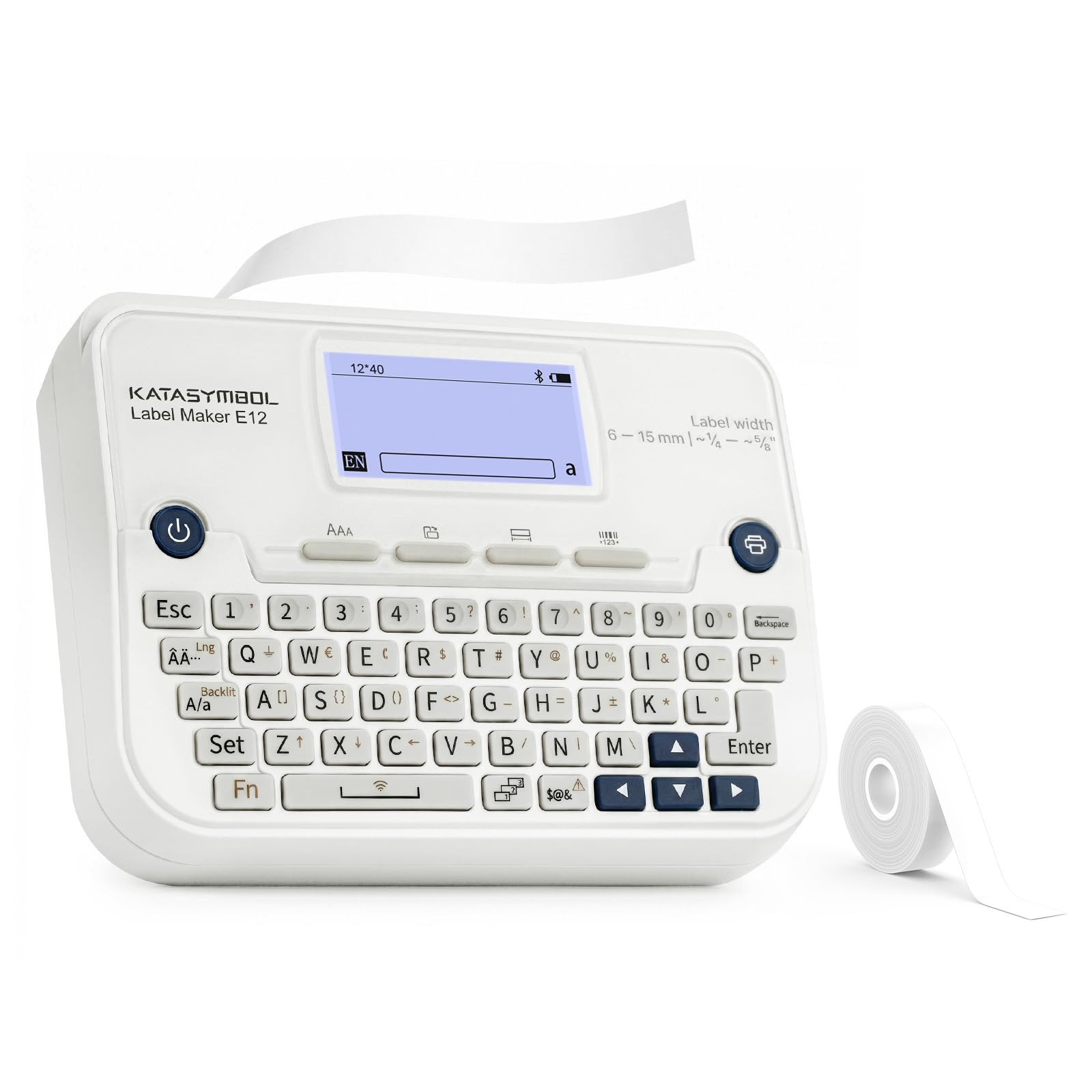 SUPVAN E12 Etiquetadora con teclado QWERTZ, pantalla gráfica retroiluminada, incluye 4 rollos de etiquetas impermeables autoadhesivas, para el hogar, la oficina y la escuela, blanco