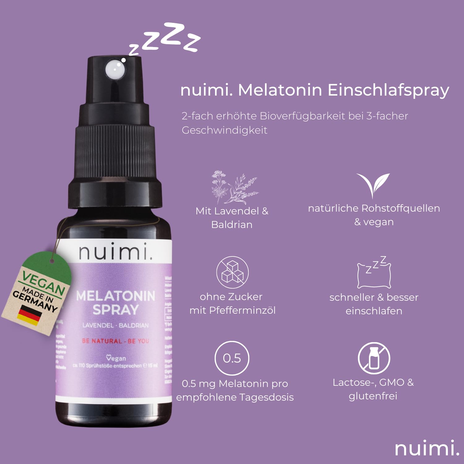 nuimi. Spray de melatonina | MHD CORTO | el doble de fuerte que productos similares | probado clínicamente y científicamente | sabor agradable | 110 días de stock | alta biodisponibilidad | vegano