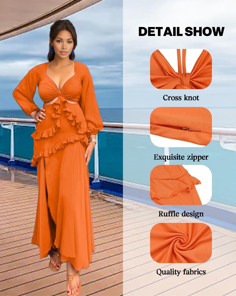 HWP Womens Ruffles Backless Dress Sexy Halter Deep V Neck Maxi Dresses Sleeveless Long Formal Cocktail Dress with Slit - Image 6