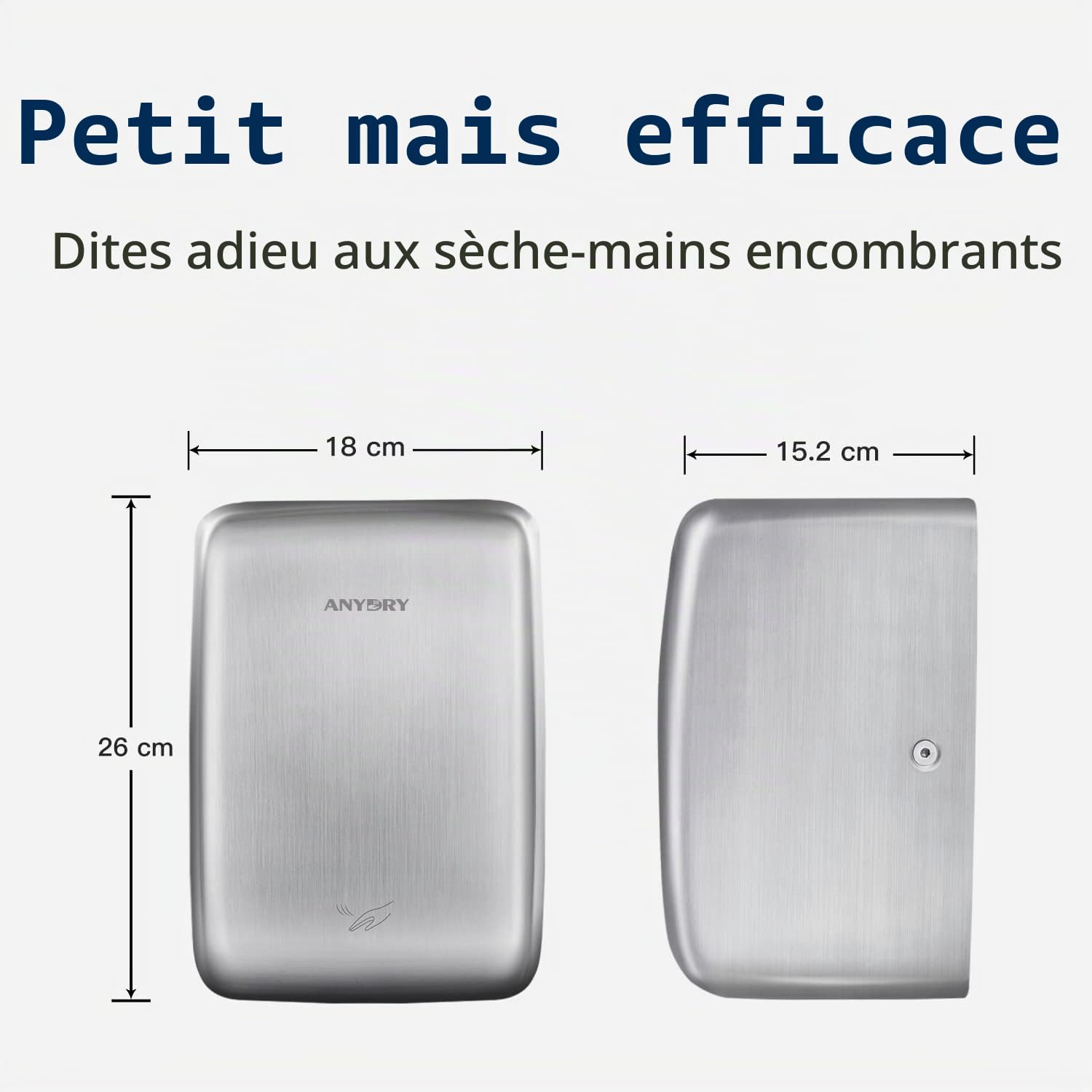 anydry 2803D Mini sèche-Mains électrique Automatique Mural,Hygiénique et Peu encombrant,Coque en Acier Inoxydable.1350W.(Brossé)