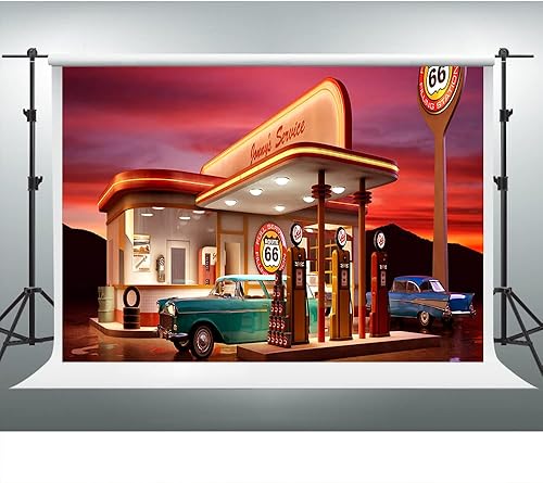 Telón de fondo de los años 50 para fiesta de baño, ruta 66, gasolinera, fondo de fotografía de automóvil vintage, 10 x 7 pies, pancarta de
