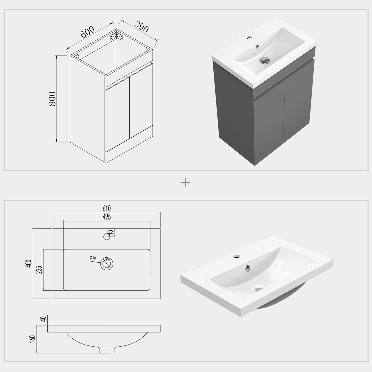 Waschtisch mit Unterschrank 60 cm Breit Stehend Grau Badmöbel Set 2 Soft-Close Türe MDF-Platte