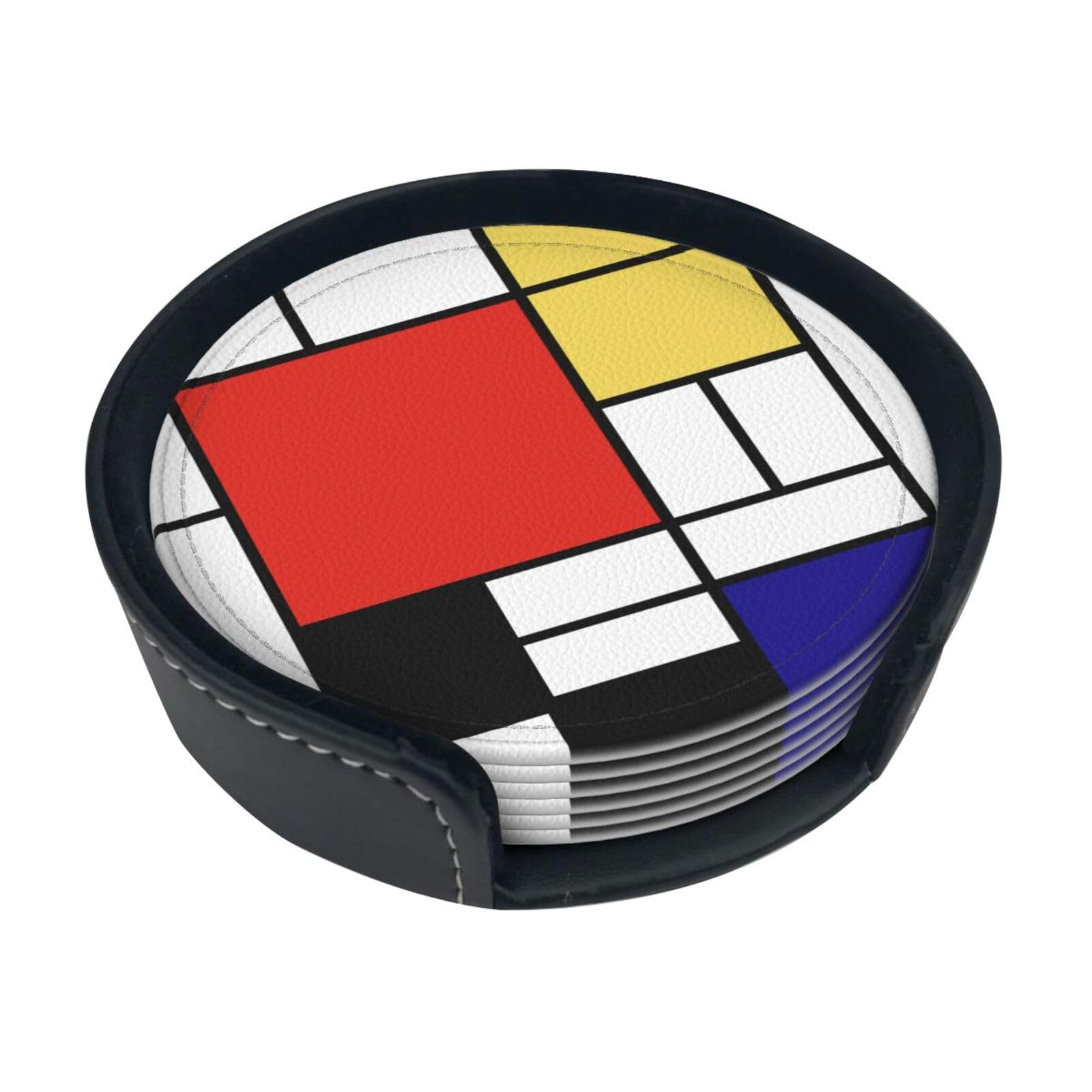 Poadnly As Picture Mondrian,Set Of 6 Round Coasters, Pu Leather Drinks Coasters With Holder For Home Office Kitchen