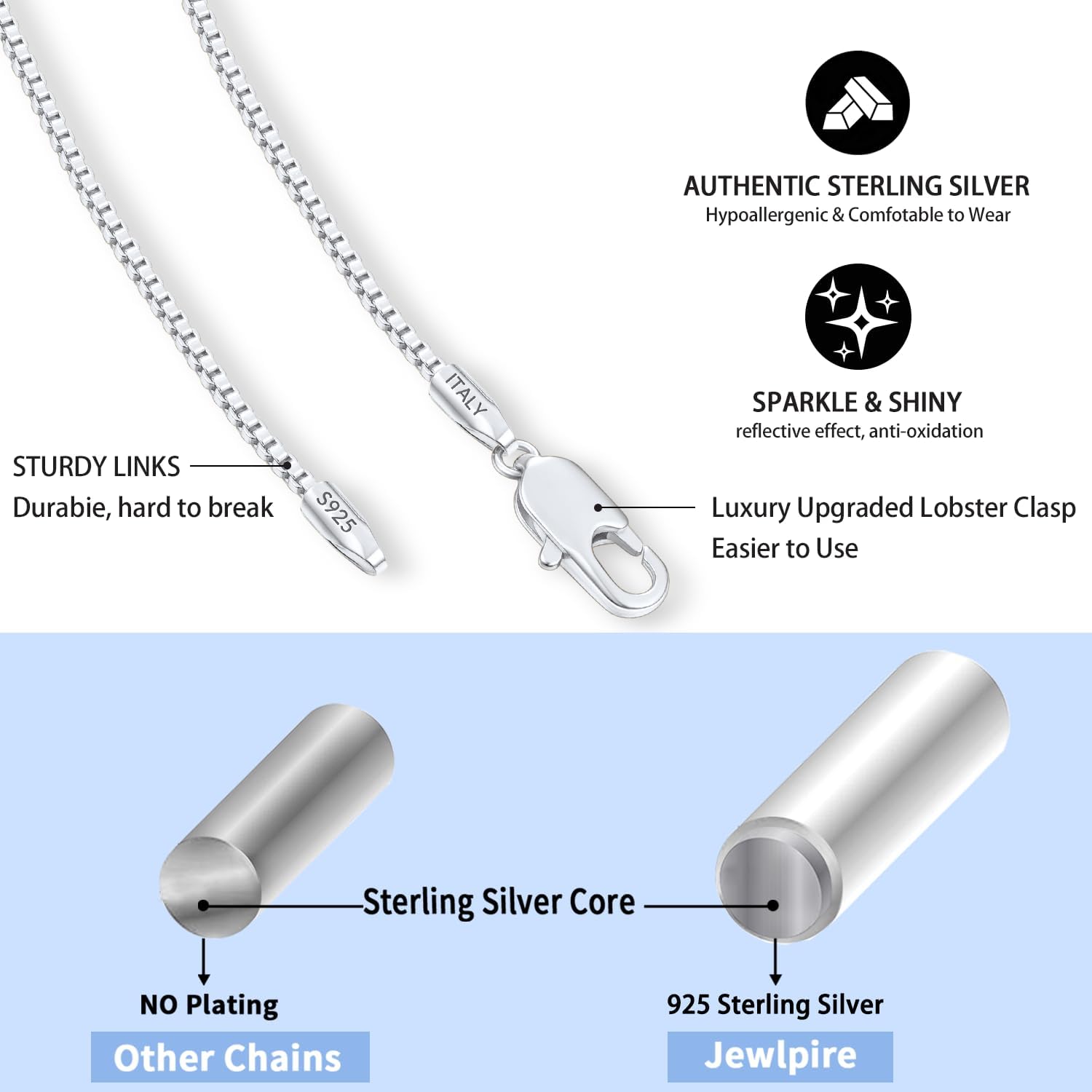 Jewlpire 1.1mm 1.3mm Box Chain 925 Sterling Silver Chain Necklace for Women, 14K Gold Plated Chain for Women Sturdy & Shiny Women's Chain Necklaces 14 16 18 20 22 24 26 Inch - Image 2