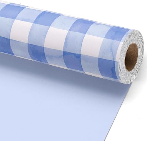 LaRibbons Blue Gingham Wrapping Paper, Baby Boy Shower Gift Wrap