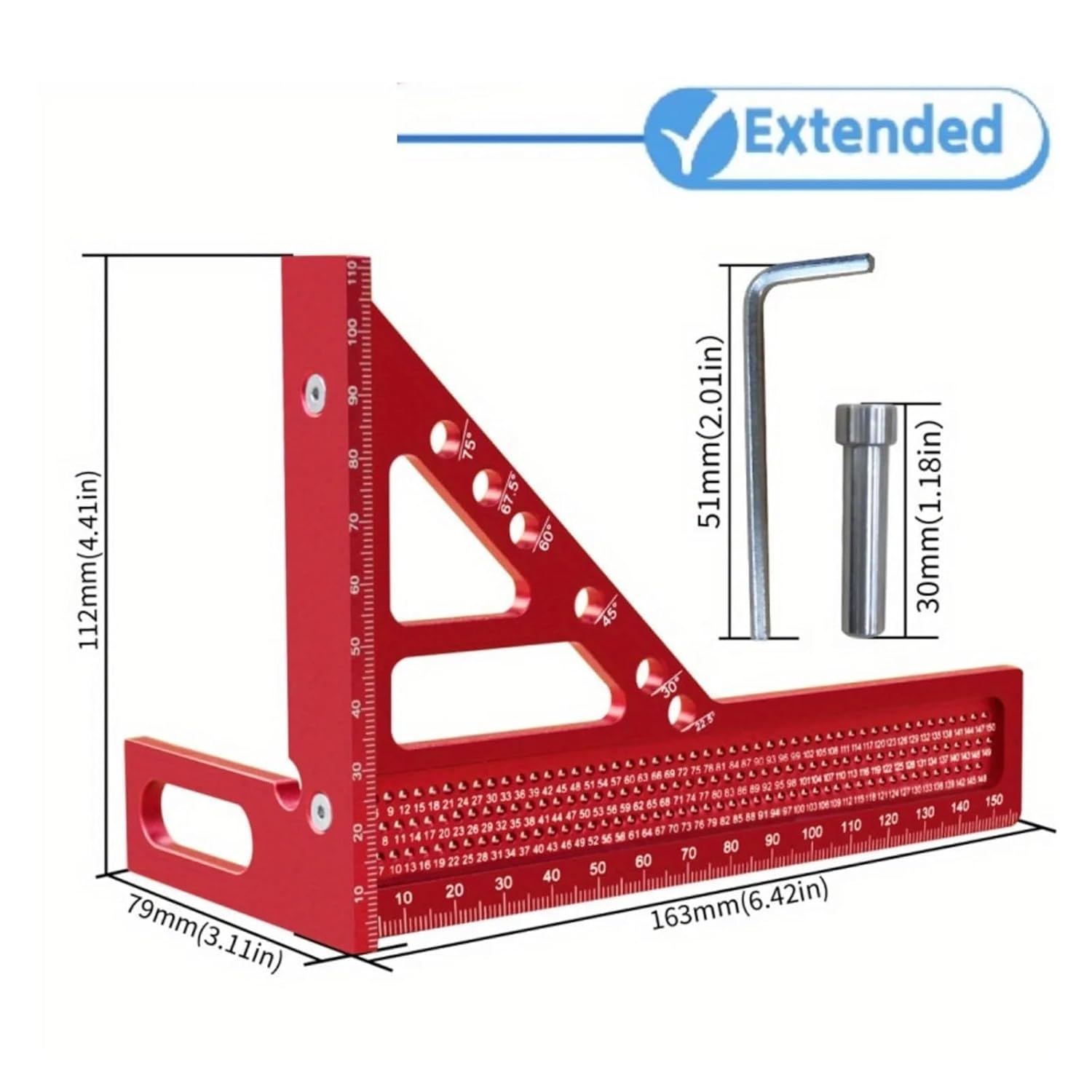 Extended 3D Multi-Angle Carpentry Square Protractor W/Fast Angle Positioning Dowel Pin - 2 in 1 Woodworking Measuring Ruler(Extended)