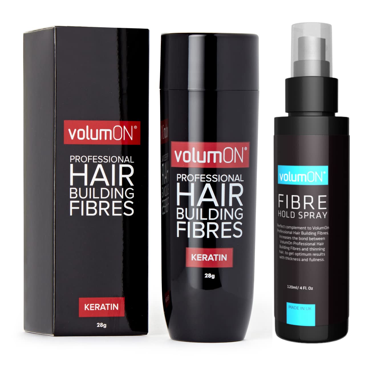 Hair Fibres VOLUMON Keratin Hair Building Fibres for Thinning Hair - Instantly Conceals Thinning Areas for Fuller Thicker Hair - For Men & Women 28g PLUS 120ml Fibre Hold Spray (Black)