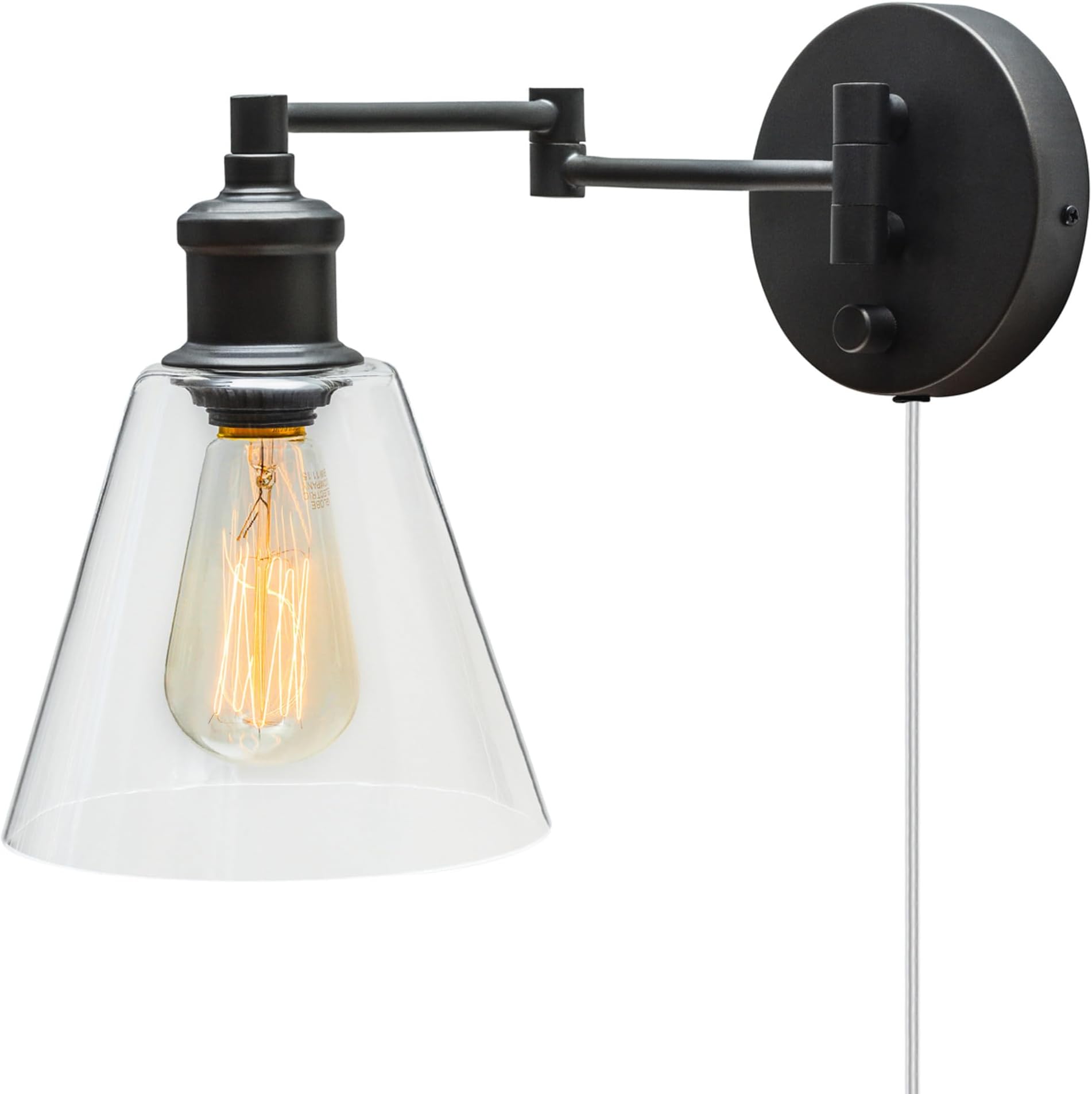 65311 1-Light Plug-in or Hardwire Industrial Wall Sconce, Dark Bronze Finish, On/Off Rotary Switch, 6ft Clear Cord, Clear Glass Shade, Wall Lights for Living Room, Apartment Essentials
