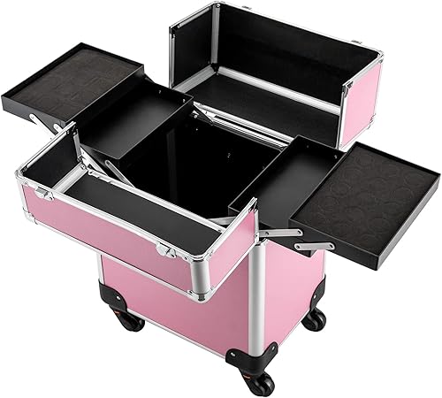 Miniatura 8 de YIYIBYUS Estuche de tren de maquillaje rodante, carrito profesional grande para cosméticos con cuatro bandejas deslizantes y ruedas universales,