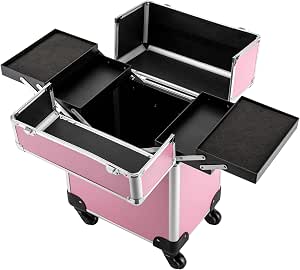Valise de maquillage à roulettes, professionnelle, grande, avec miroir et roulettes, verrouillable, pour maquilleurs, coiffeurs, etc (rose), Rose, Valise cosmétique à roulettes